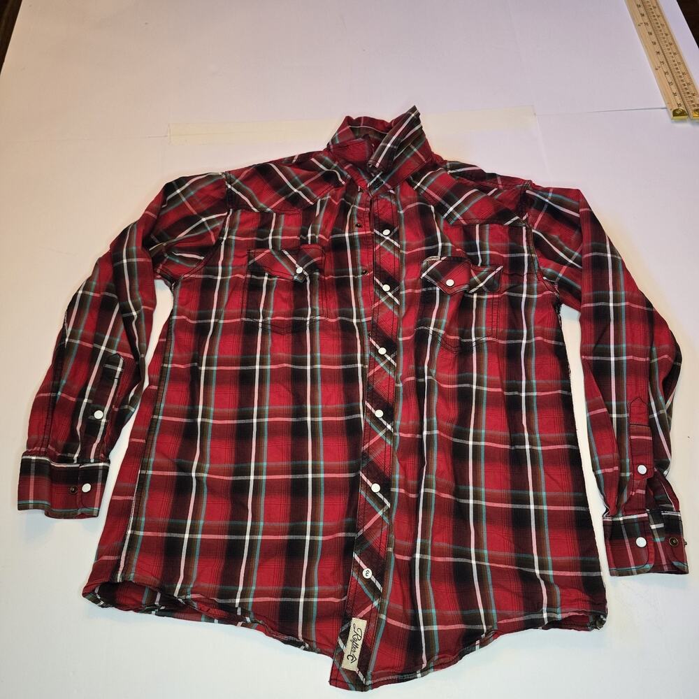 Rafter C Shirt Red Pro-Flex Performance Pearl Snap Western Mens L Red Plaid